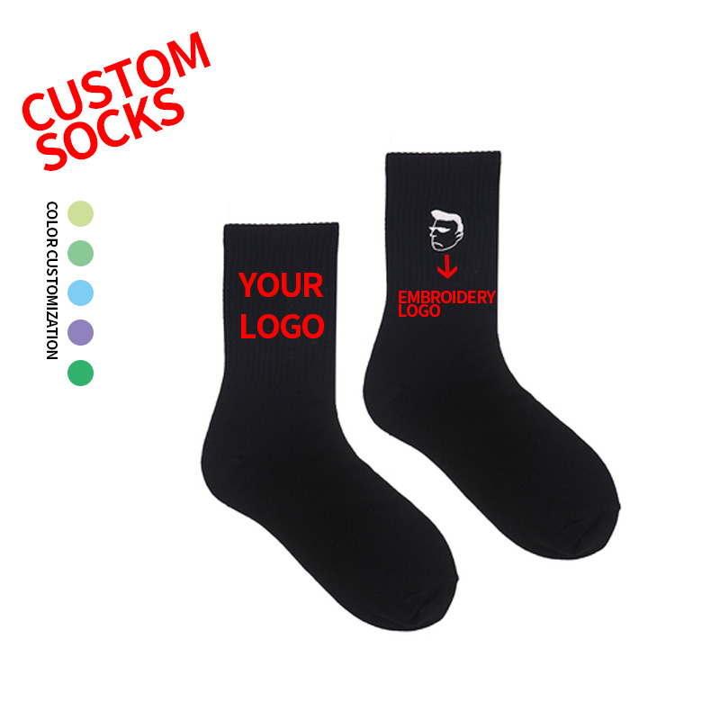 XR-083 Oem Made Your Own Design Logo Custom Embroidered Socks Black Embroidery Corporate Socks