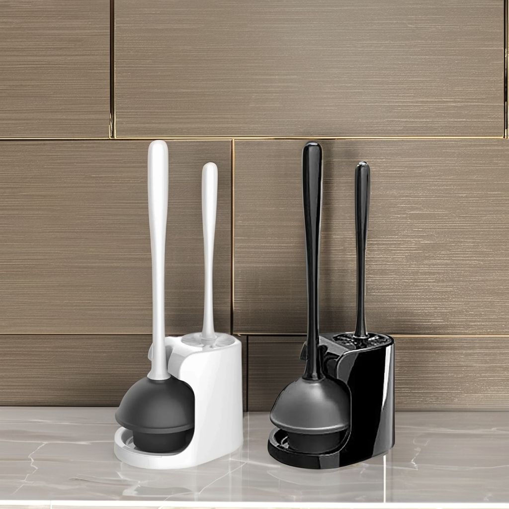 2-in-1 Household Cleaning Set Durable Rubber TPR Plastic Plunger with Bowl Brush Combo Holder for Bathroom Gap Pan Cleaning