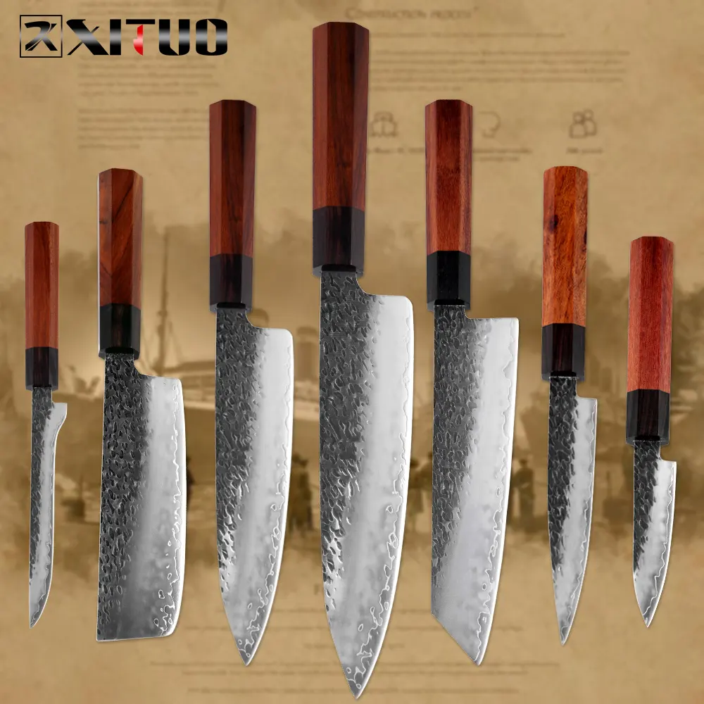 XITUO Factory In Stock Handmade Knife 3 Layers Steel Kitchen Professional Chef Knife High Carbon Steel Slicing Santoku Cleaver