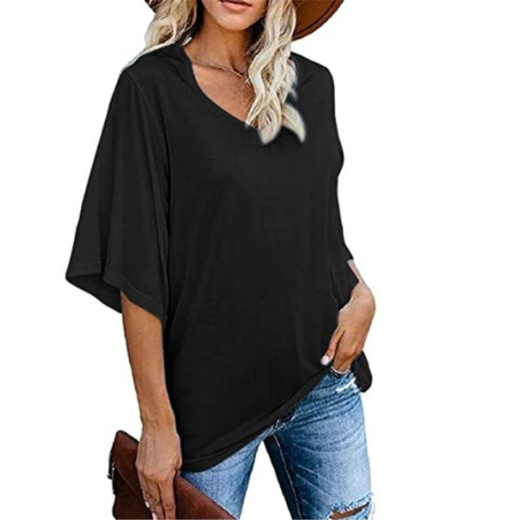 2021 Loose V-Neck Red Casual Summer Comfortable Woman's T-shirt Fashion