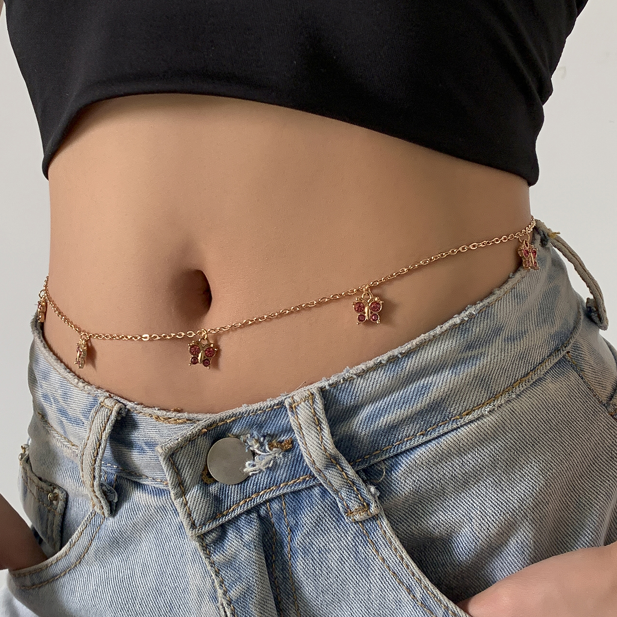 SHIXIN Unique Butterfly Beaded Waist Chain Shiny Crystal Pink Rhinestone Belly Chain Gold Thin Body Chain Jewelry for Women