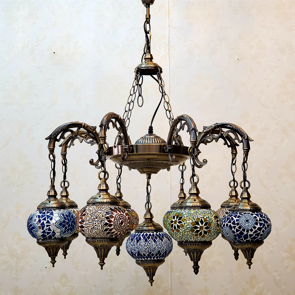 Mosaic Retro Arabian Hanging Ceiling Light Brass and Glass Lantern Chandelier Turkish Moroccan Style Pendant Lamp