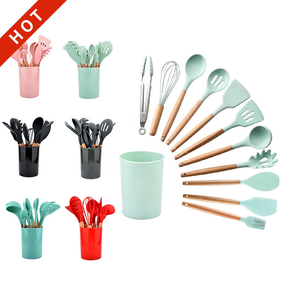 12pcs in 1 set wooden handle kitchenware non stick accessories silicone cooking kitchen utensil set tools with holder box