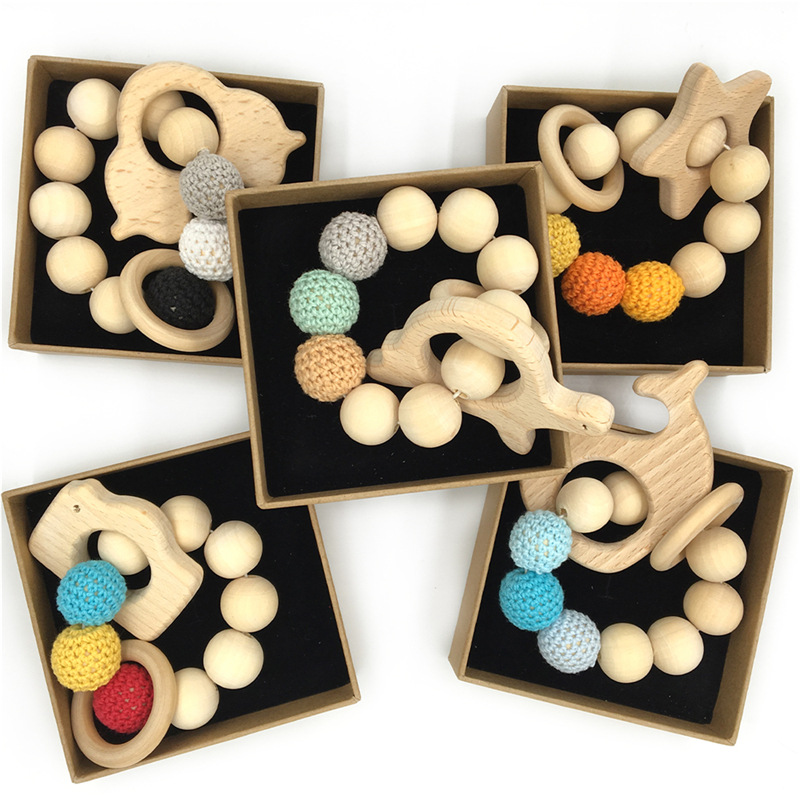 New Sensory Toy Baby Teether Bracelet for Newborn Handmade Crochet Beads Wood Animal Teeth Ring Baby Wooden Toy Wooden Teether