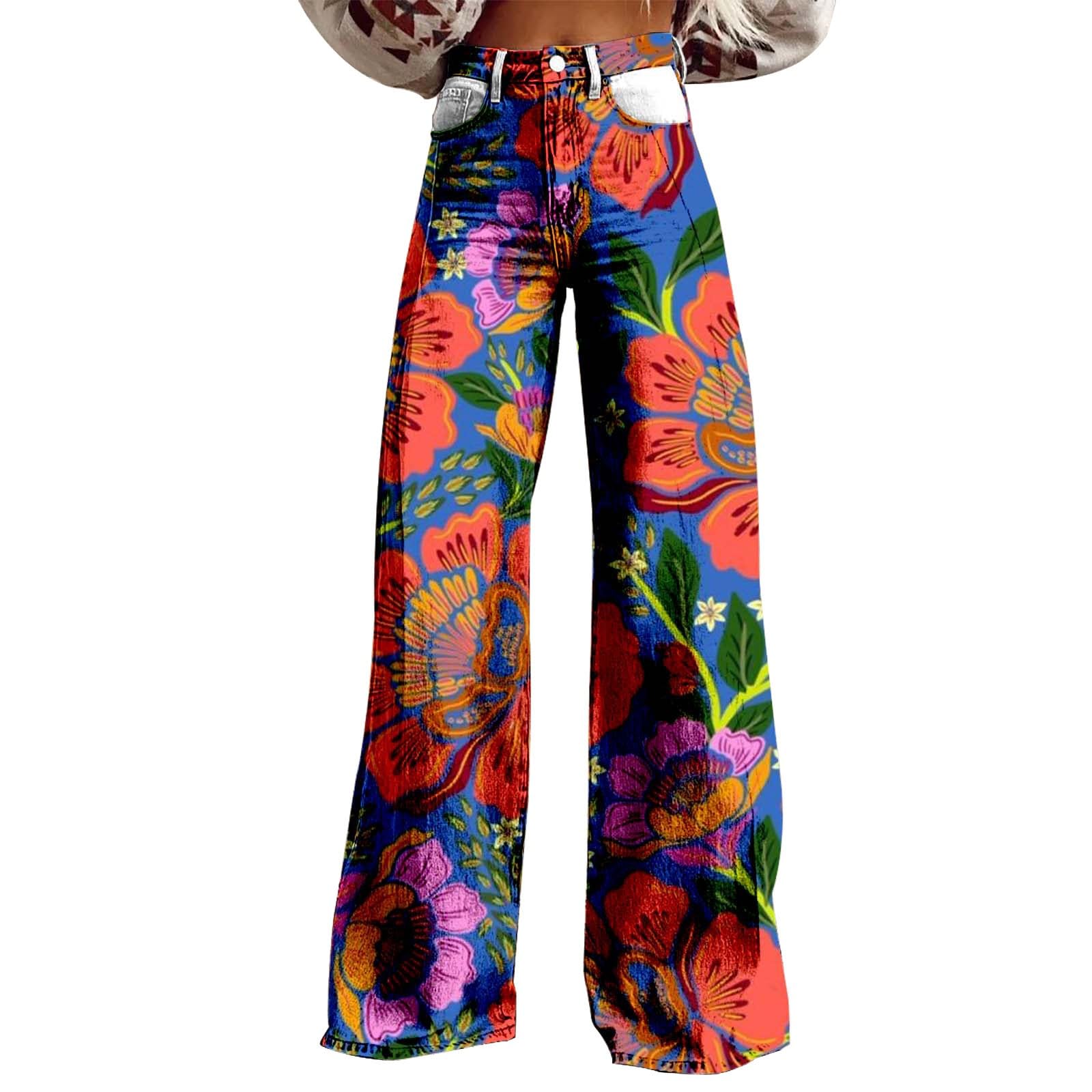 Women's Flare Jeans Wide Leg Baggy Pant Vintage Floral Print High Waisted Straight Stretch Pants