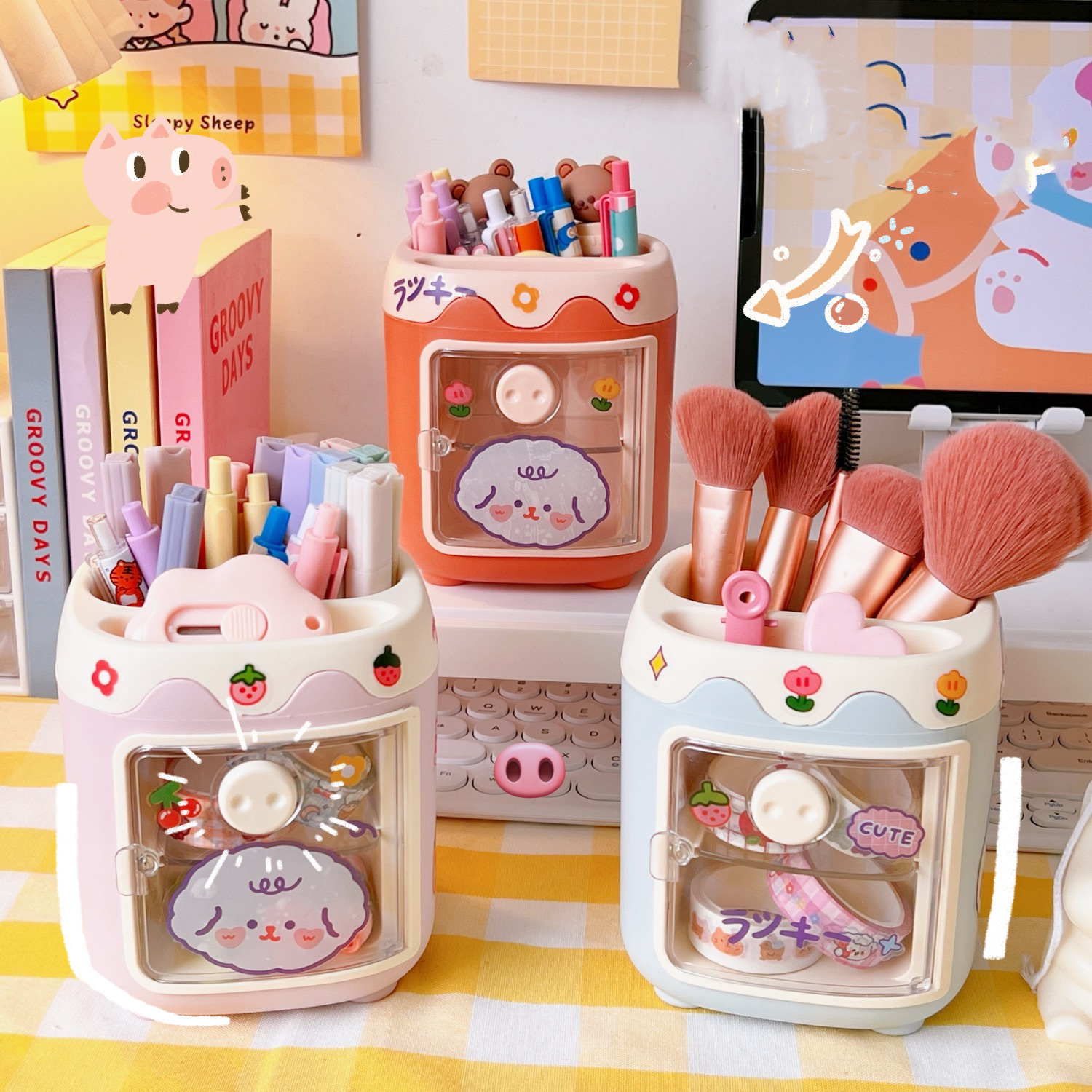 Kawaii настольная подставка для ручек, дисплей, макияж, дизайн ногтей, кисть, инструмент, держатель, симпатичный пластиковый офисный мультяшный свинья, держатель для ручки, Органайзер