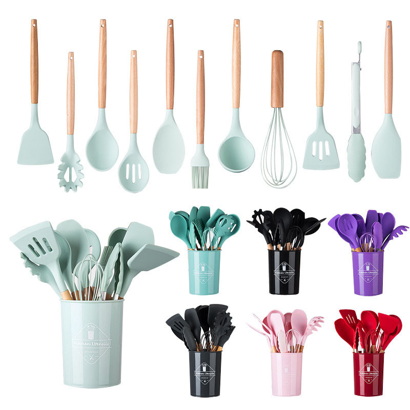Hot Selling Cooking Kitchenware 11Pcs Silicone Kitchen Utensils Set With Wooden Handle
