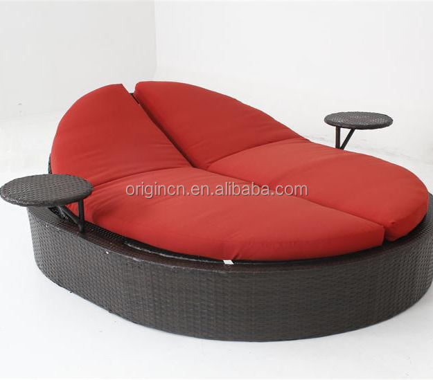 Back adjustable and side table designed sleeping sun lounge furniture rattan outdoor round lounge bed