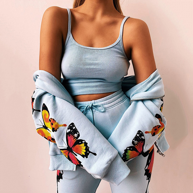 3 Pieces Hooded Women Butterfly Thick Cotton Fleece Streetwear Ladies Long Embroidery Hoodie Set With Zipper