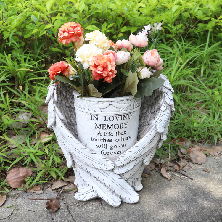 Factory Customized Garden Statue memorial resin flower vase With Angel Wings For Patio Lawn Yard Art Cemetery Grave Decoration