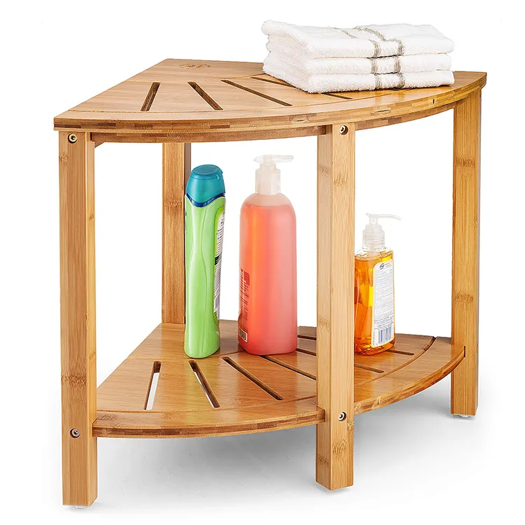 Bamboo Corner Shower Bench Shower Stool Shaving Stool with Non-Slip Feet Wood 2-Tier Seat with Storage Shelf Bathroom