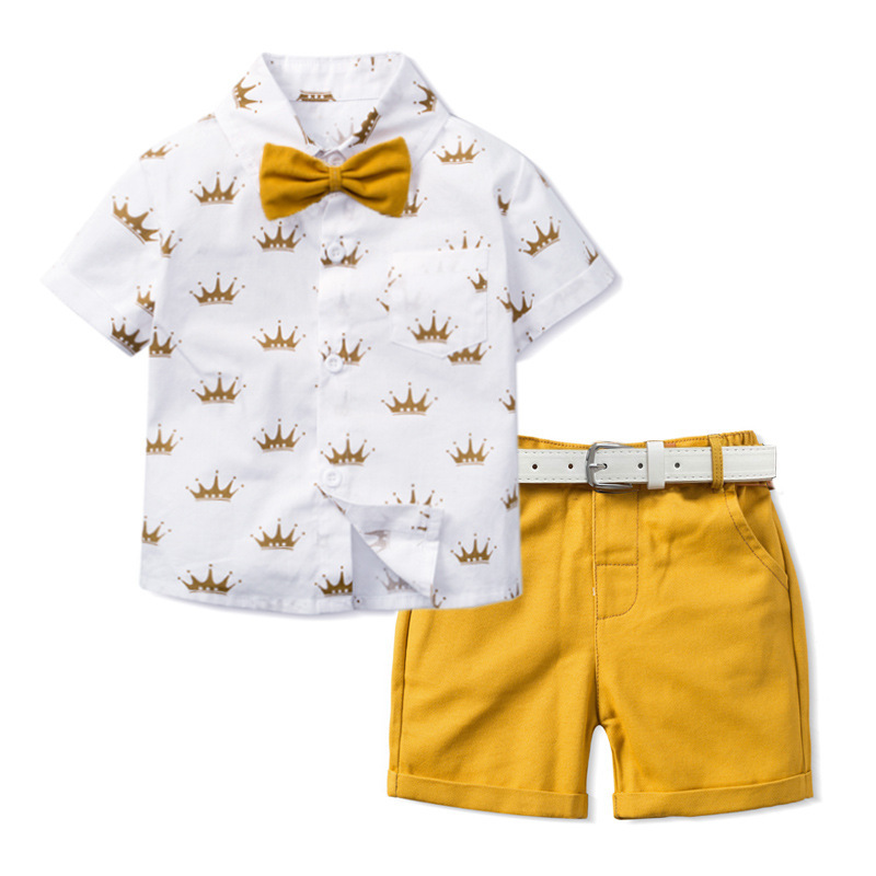 Factory Wholesale High end Kids Clothes For Baby Boy Gentleman Short sleeved Crown Print Summer Clothing Sets