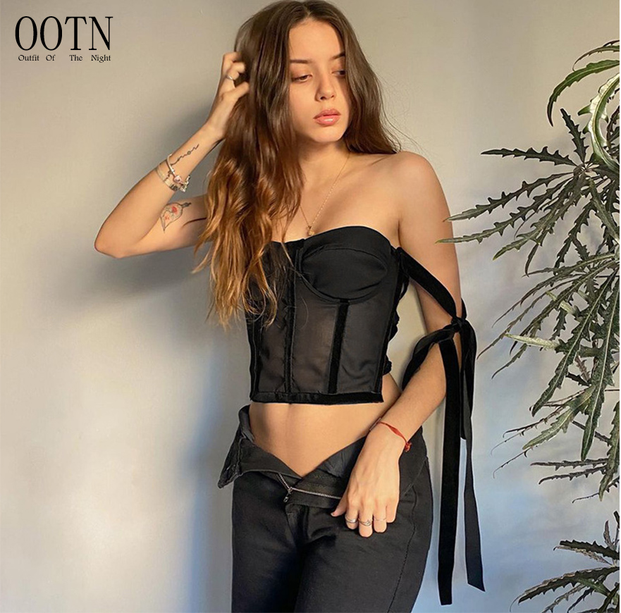 OOTN Женская винтажная черная футболка без рукавов, женские летние удерживающие грудь футболки с перекрестной завязкой, сексуальный короткий топ с открытой спиной