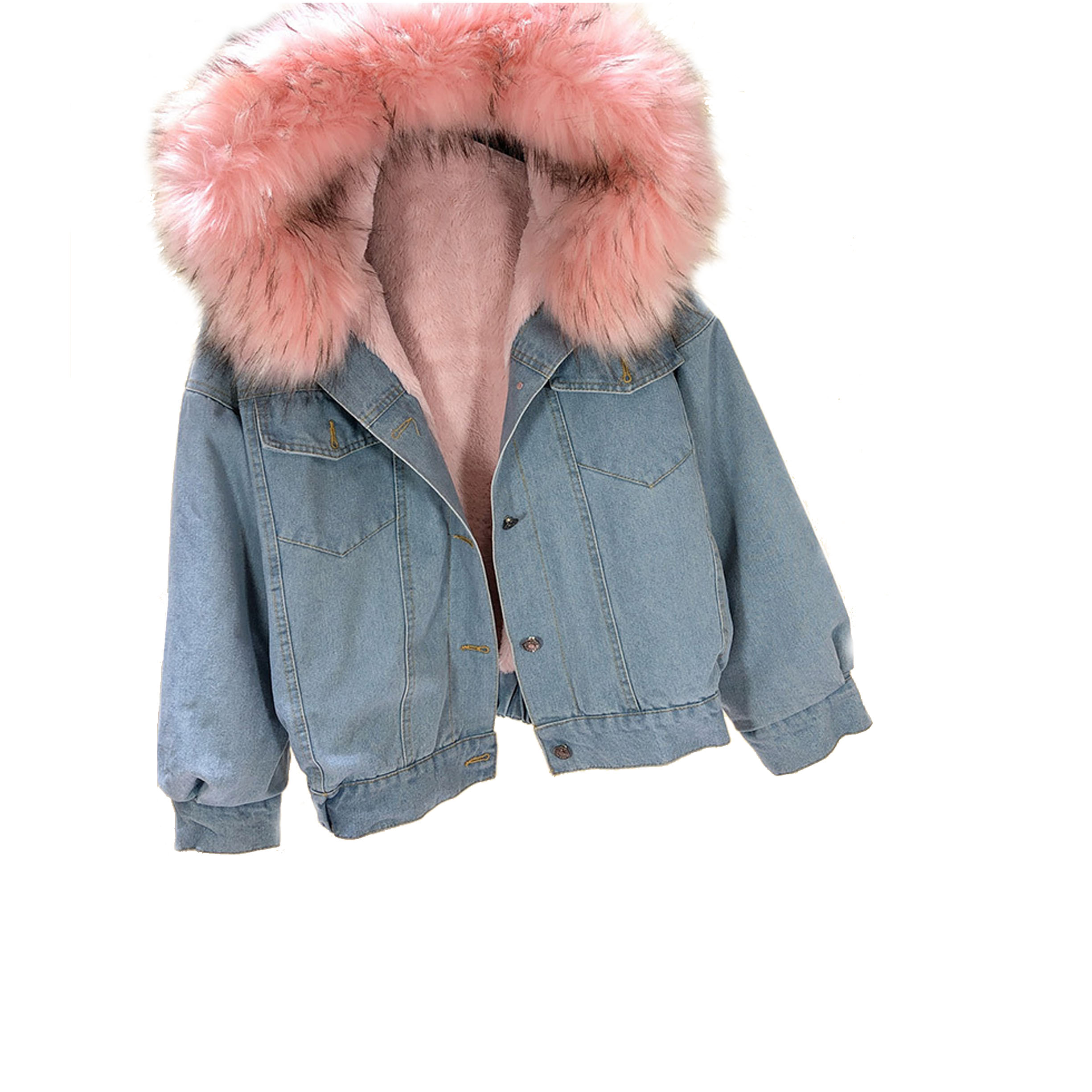 Winter warm women jeans overcoat jean chaqueta jeans jacket coat with big fur collar