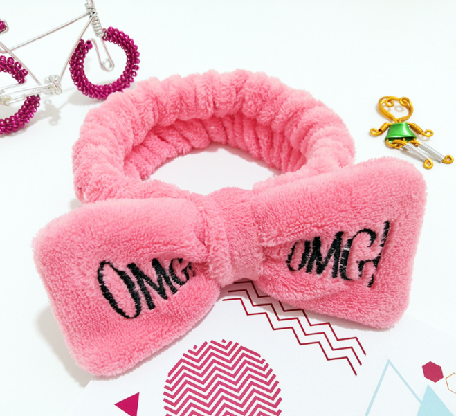 Fashion Girls Cute Face Washing Plush Hairband OMG Letters Bow Coral Fleece Headband Makeup Turban Women Hair Accessories