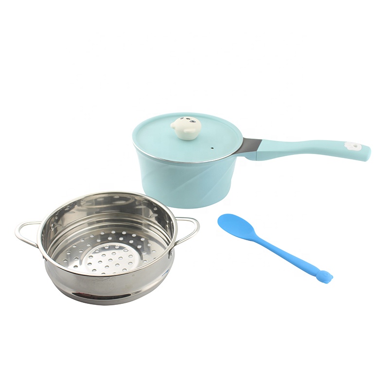 Cast Aluminum baby cookware set of 4pcs 18cm sauce pan with aluminum lid and 18cm stainless steel steamer with silicone spoon