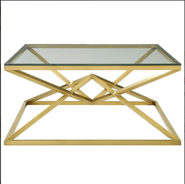 pyramid shaped brushed gold stainless steel metal coffee table tempered glass contemporary stylish accent table sets