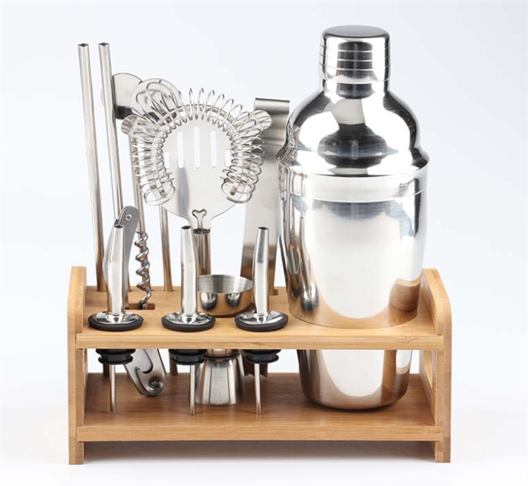 Bartender kit Wine Accessories And Reusable Straw Spoon Cocktail Shaker Bar Set Stainless Steel With Bamboo Stand
