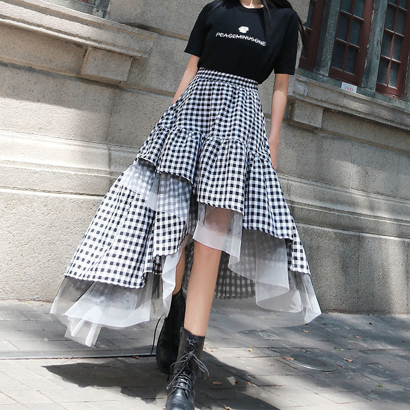 Q727 Autumn 2021 New Fashion Women's Plus Size Patchwork Crotch Skirt Irregular Mesh High Waist Ball Gown Plaid Skirts