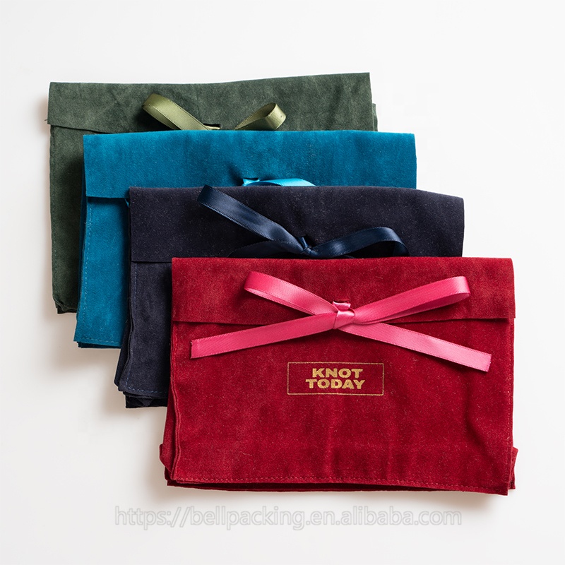 Custom Logo Printed Velvet Suede Envelope Pouch with Ribbon Square Bottom Envelope Gift Packaging Bag