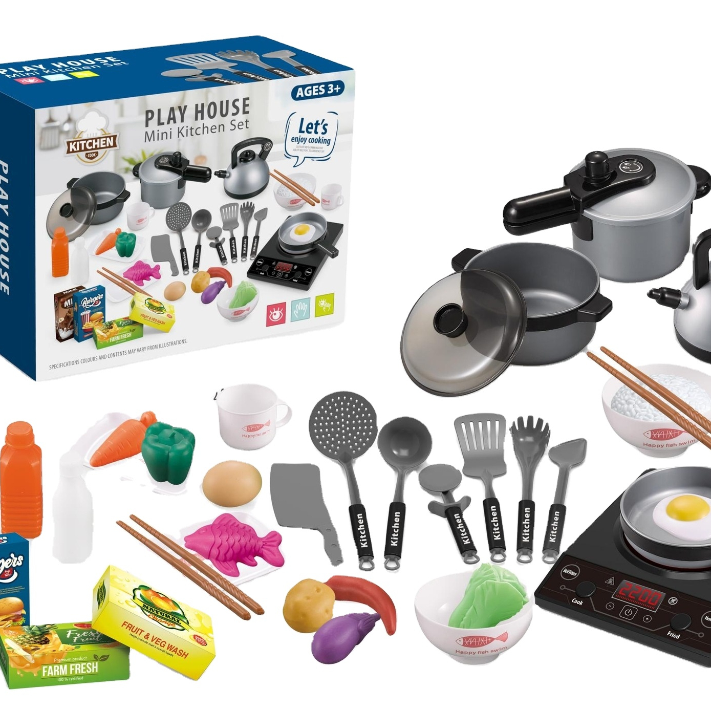 Play Kitchen Accessories Toys Set Cookware Pots Kids Pretend Play Cook Game Toy Cookware Set with Fruit Vegetable Toys