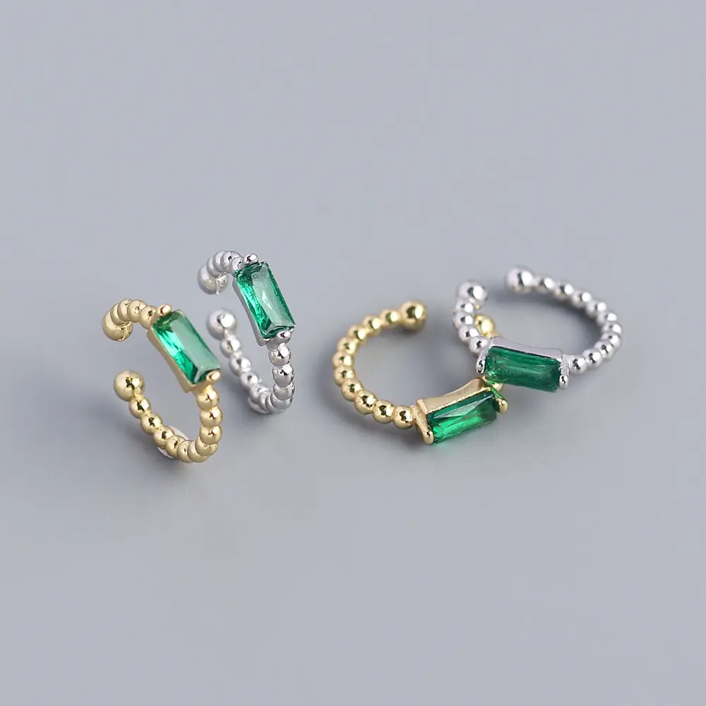 Women 925 Sterling Silver Beaded Emerald Diamond Ear Cuff Earrings Fashion Jewelry