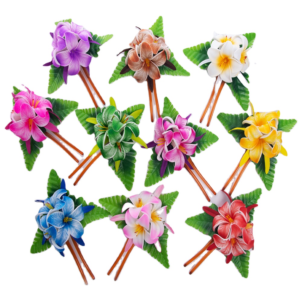 Wholesales Factory Supplier HC00050 10 Color 15CM 3-Foam Plumeria Hair Stick W Spide Lily &Fern Leaves Hawaii Flower Party Hula