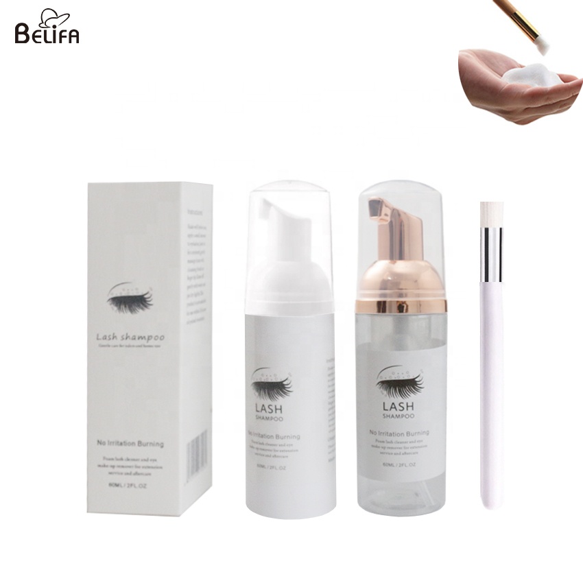 Custom logo 50ml 60ml transparent white rose gold bottle eyelash extension foam cleaner cleaning eye lash shampoo kit with brush