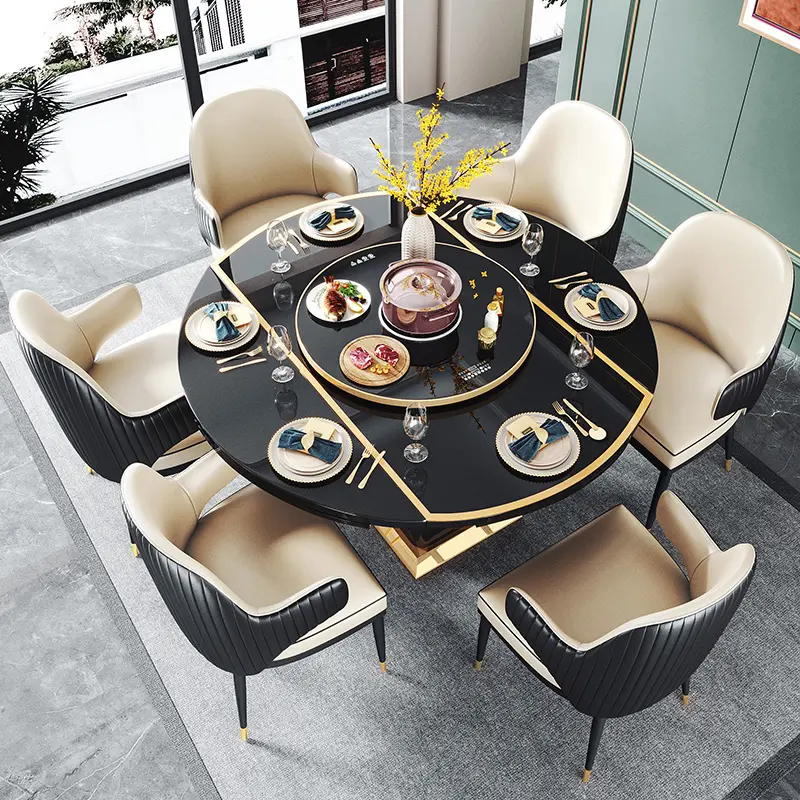 Black Tempered glass Smart heating modern dining tables Luxury extendable round dinning table set 6 chairs for dining room