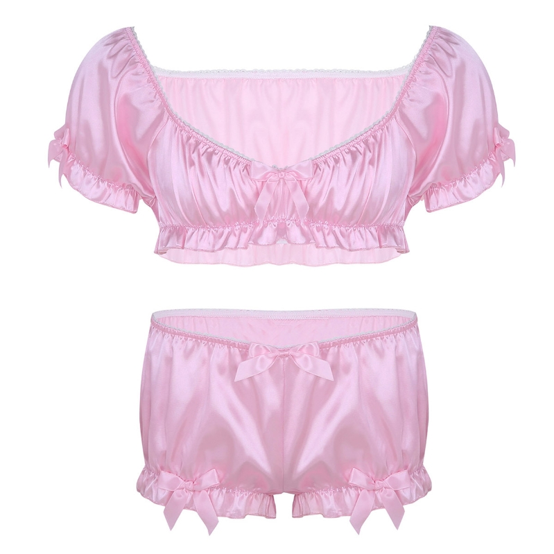 Cheap Sissy Sleepwear Set Soft Silky Short Sleeves Crop Top with Bloomers Boxer Briefs Satin Sissy Lingerie For Men