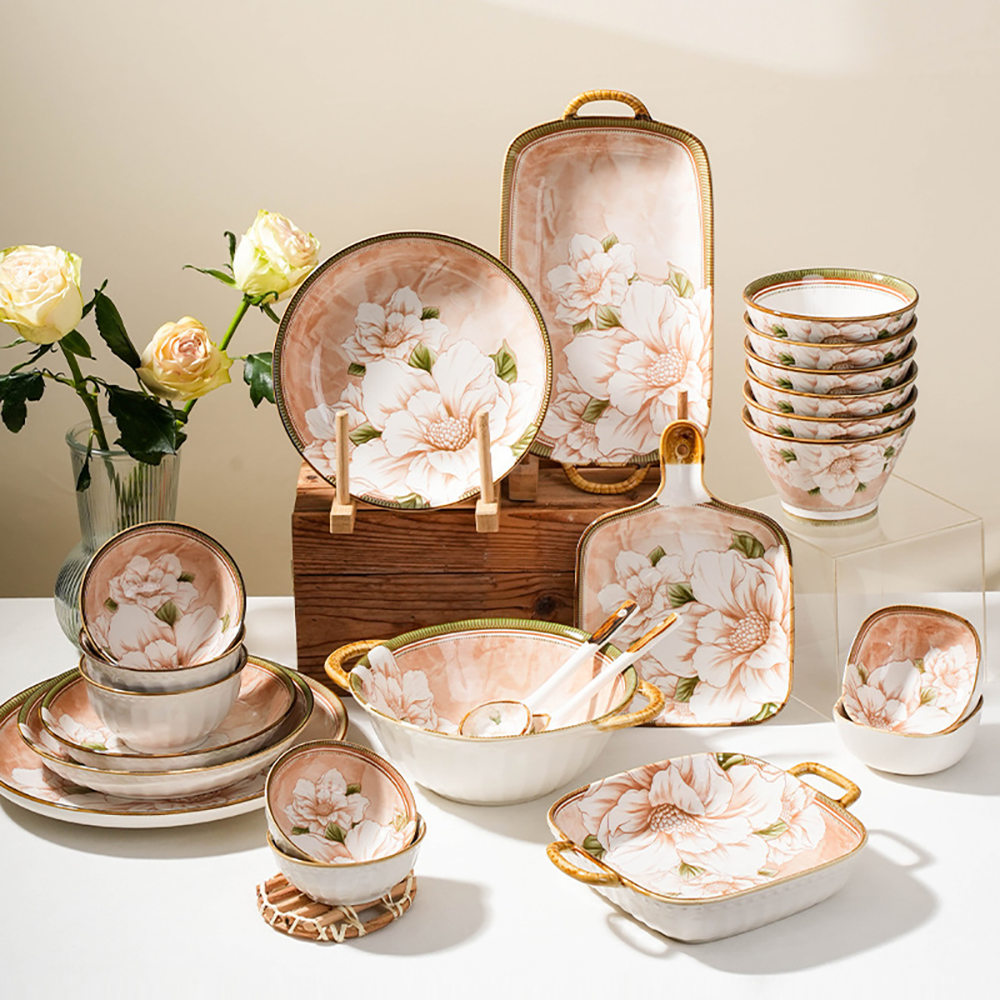 Japanese Camellia Flower Underglaze Colored Dinnerware Ceramic In Golden Yellow Tableware Dining Plate Porcelain Dinner Set