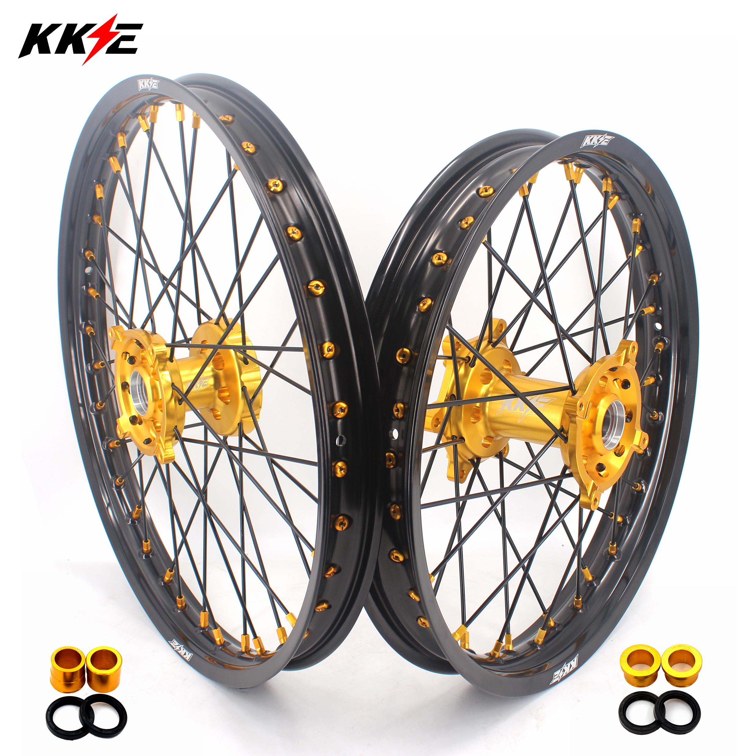 KKE 21/19 CNC анодированные велосипедные колеса для внедорожника совместимые с SUZUKI RMZ250 RMZ450 2005-2020 Золотая втулка/черный обод/спицы