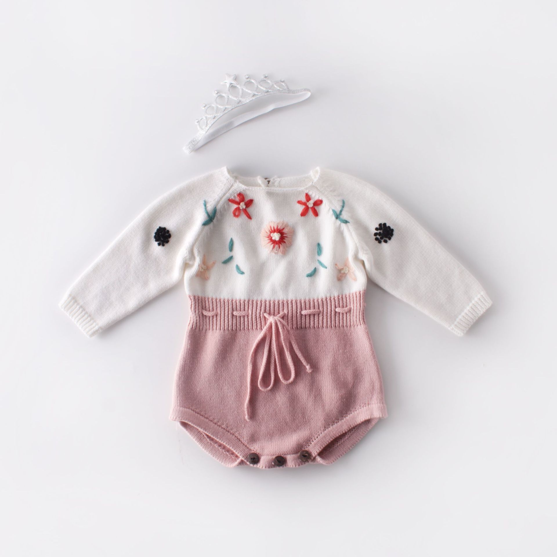 Embroidered Flowers Waistband Adjust String Romper Cotton Baby Jumper Toddler Sweater Infant Knitwear Newborn Baby Jumpsuit