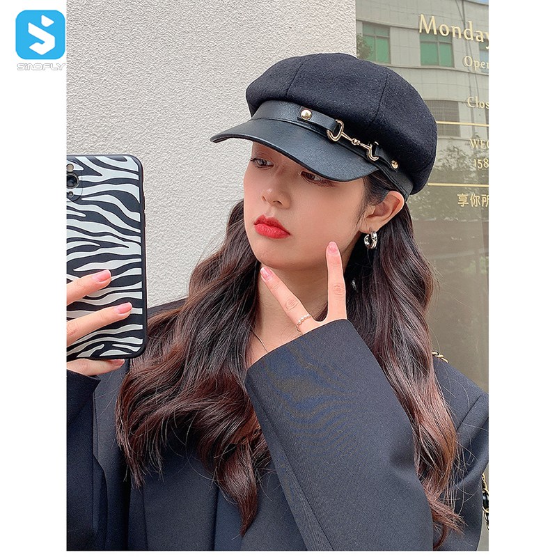 Fashion British retro Leather brim newsboy hat wool beret hat for women