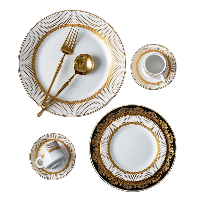 HY New Luxury Gold Rim Plate for Wedding Party Storage Tray Dinner Set Dinnerware Bone China ceramic plate set nordic