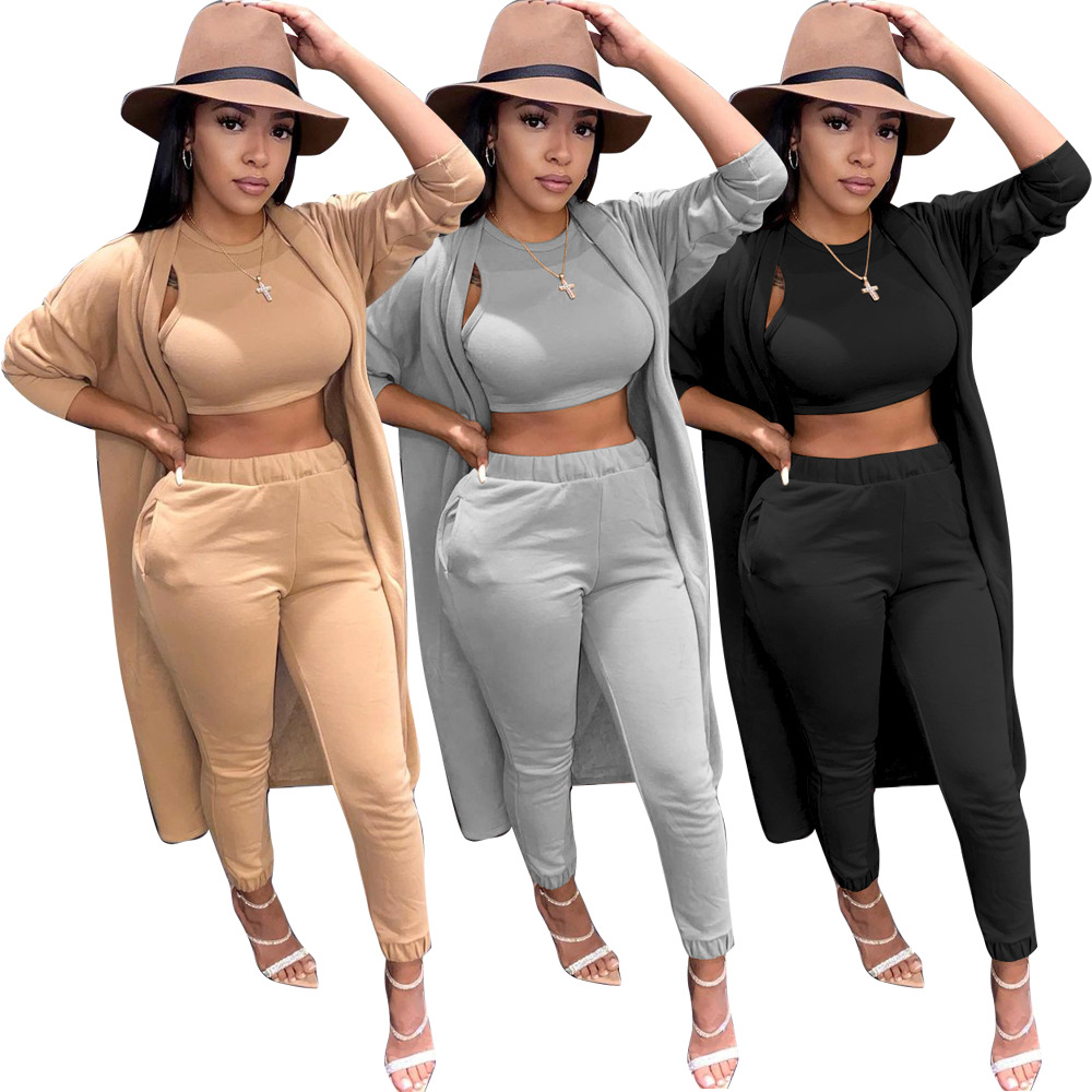 Newest Design Solid Color Three Piece Set Women Clothing Coat Tank Top Pants Suit Pocket 3 pcs Suit