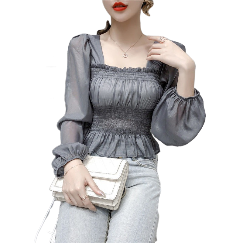 P025 New Fashion cheap Elegant Square Collar Long Sleeve Wooden Ear Long-Sleeved White Shirt Tops Women Blouses & Shirts