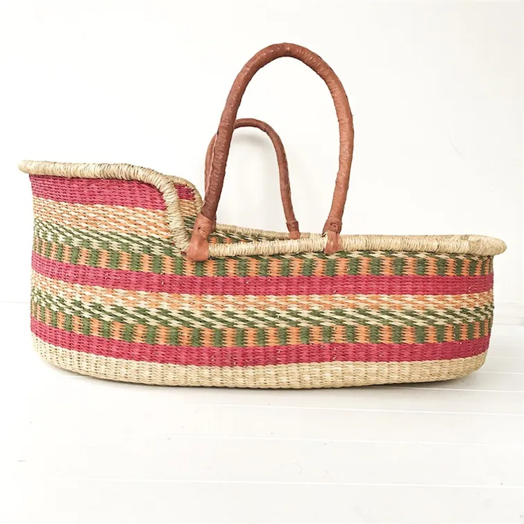 Handmade Crochet Basket Nursery Seagrass Baby With Leather Eco Friendly Cotton Diaper Changing Bag Collapsible Baskets