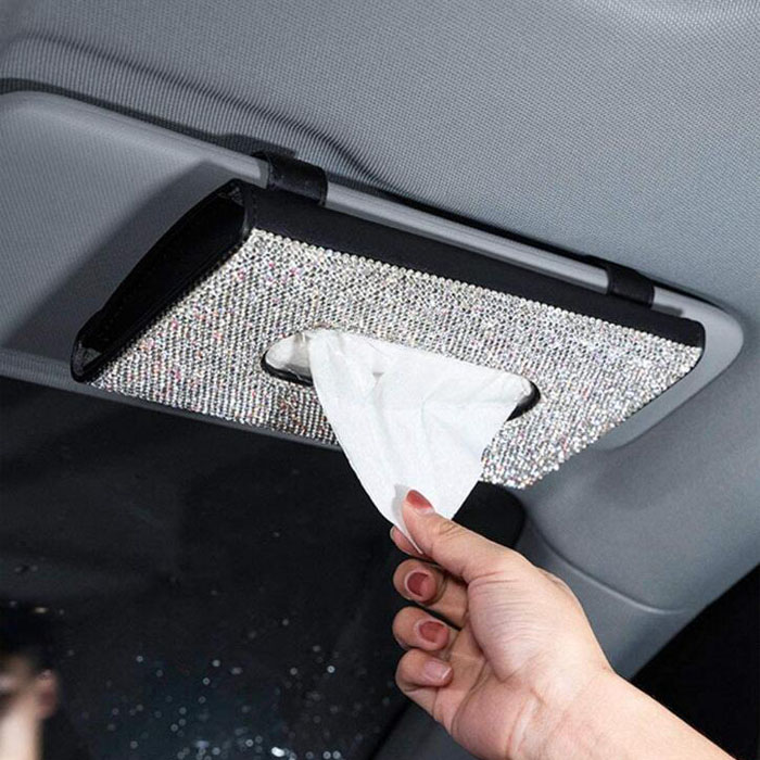 Bling Crystal Diamond Car Sun Visor Tissues Napkin Holder Leather Backseat Paper Towel Cover Case