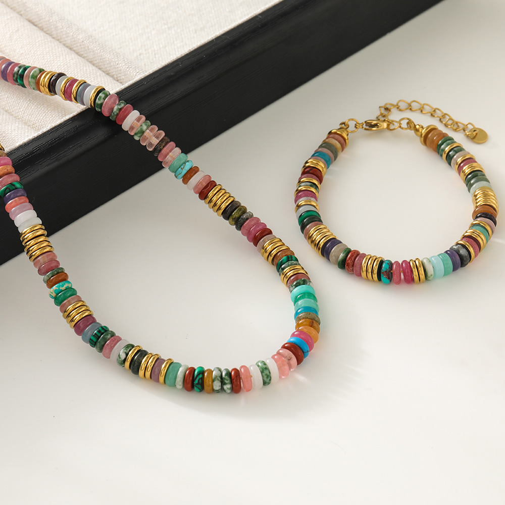 Wholesale Beaded colored stainless steel necklace Women's colored beads new light luxury small overlapping collarbone chain