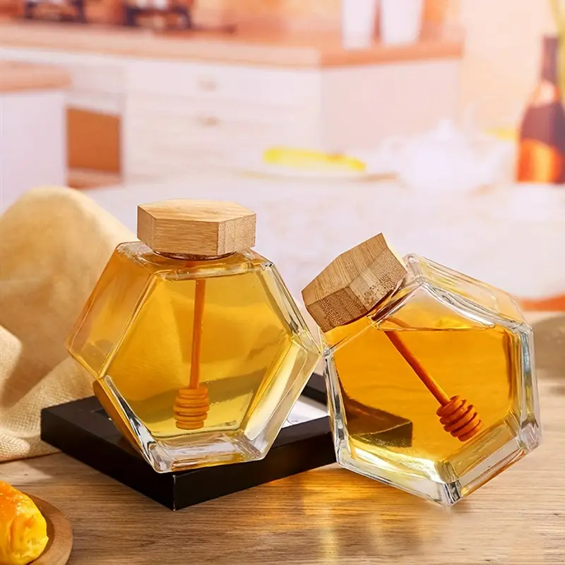 High Quality 100ml 220ml 350ml Honey Jar Packaging Hexagonal Transparent Luxury Honey Jar with Dipper