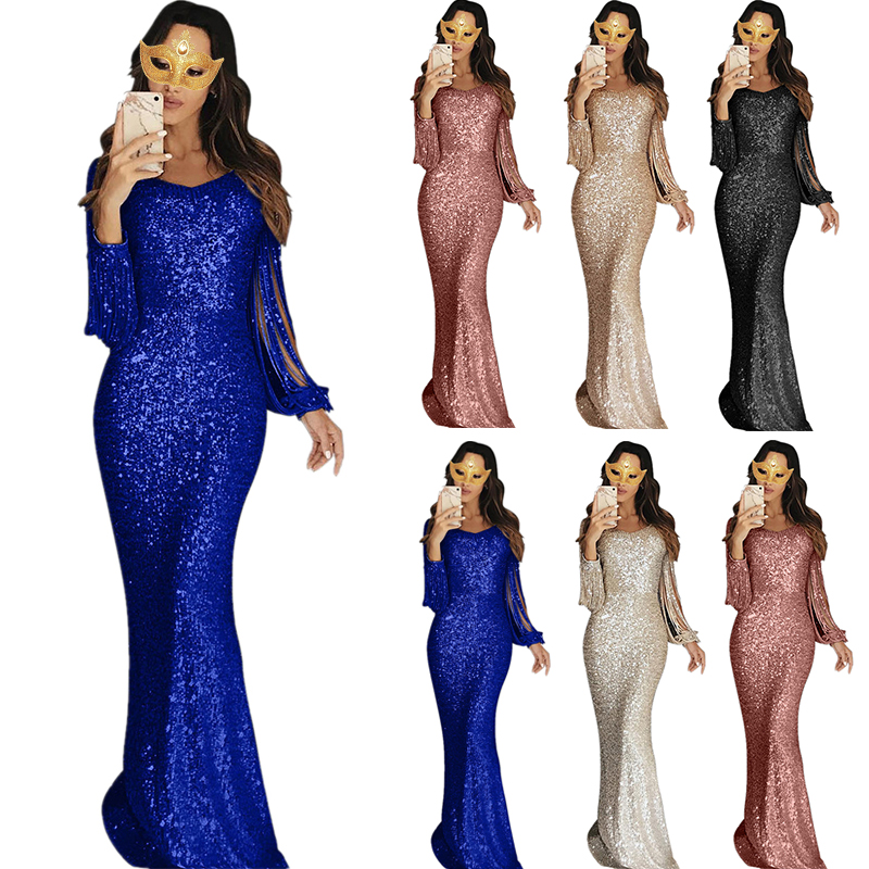 IDS 2021's New Lady's Tassel long sleeve dress elegant long sleeve Tassel dinner party dress sequined evening dress