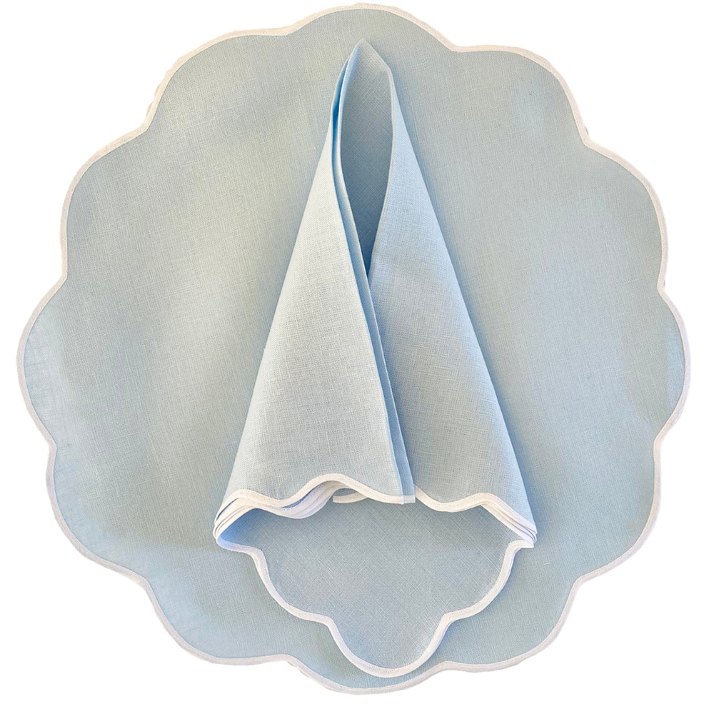 scalloped Border Washed Luxury French Organic flax fabric dining table placemat circular 100% linen Napkins Personalised custom
