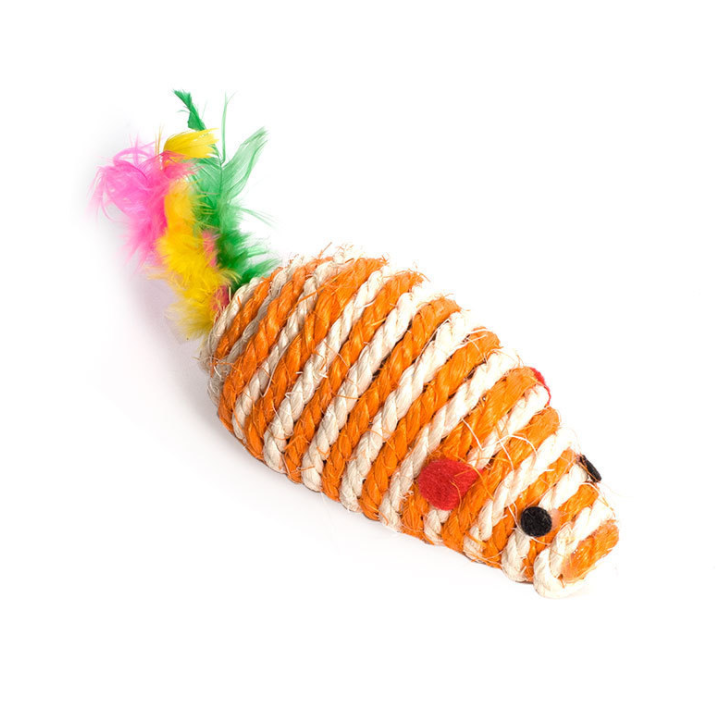 Multicolor random sisal mouse cat toy with colored feathers sisal cat toys.