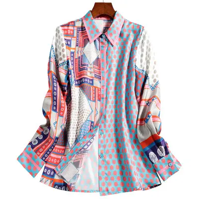 2020 New Spring Pure Silk Lapel Collar Long Sleeve Print Shirt Casual Office Blouse For Ladies