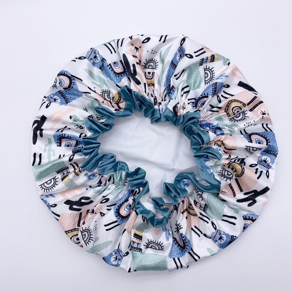 High quality polyester satin fabric double layer blue Llama shower caps customizable