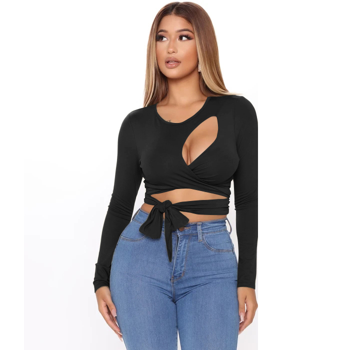 TOB Fall 2021 new product long sleeve sexy crop top Hollow bandage fashionable t shirt for women BK750