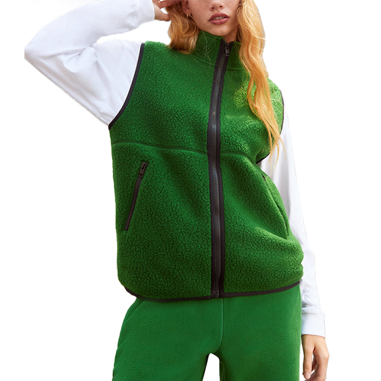 Women's High Quality Casual Green Stand Collar Zip-Up Fleece Sweater Vest