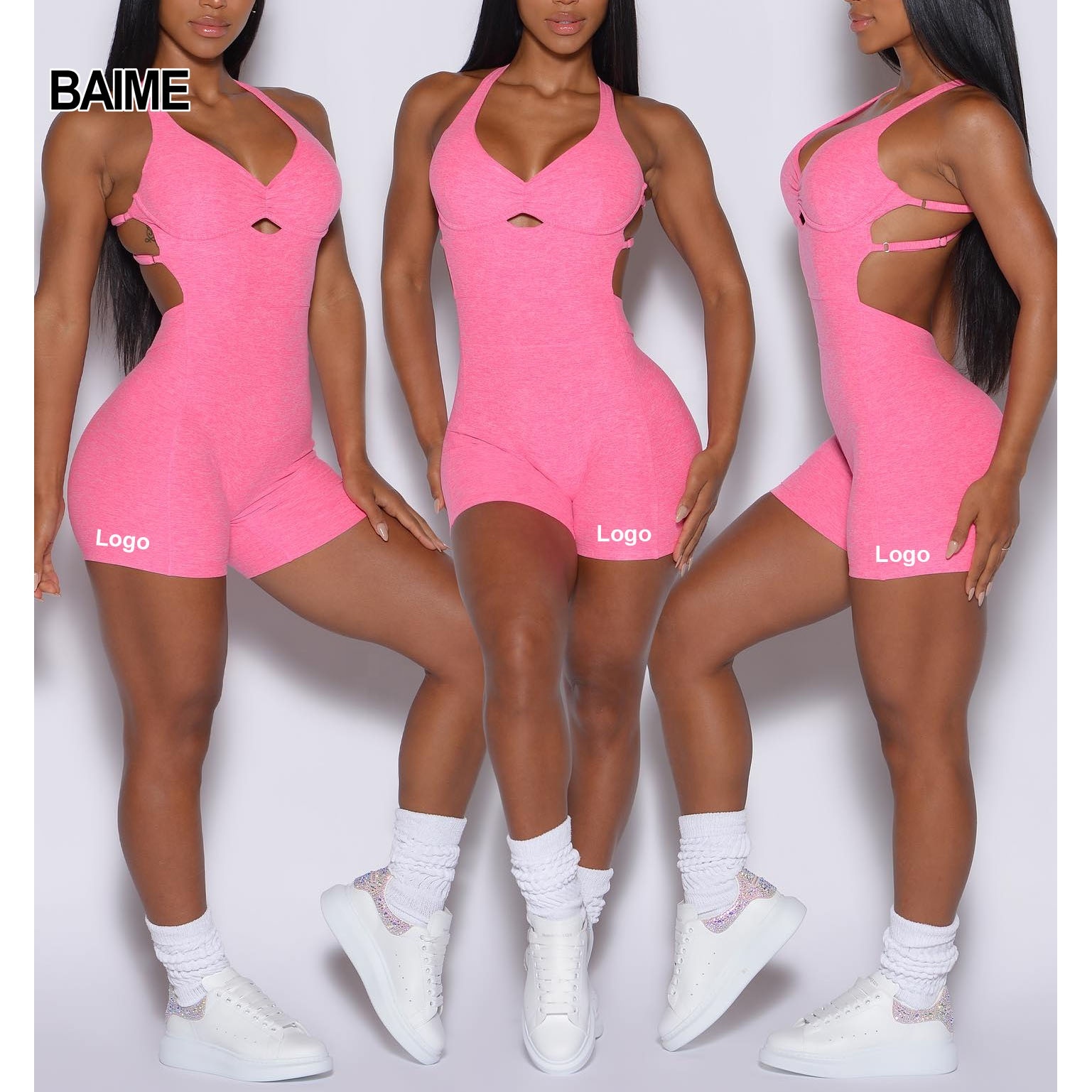 BAIME Custom Designer Activewear Bodysuit Scrunch Butt Jumpsuits Fitness One Piece Gym Yoga Workout Short Jumpsuit for Women
