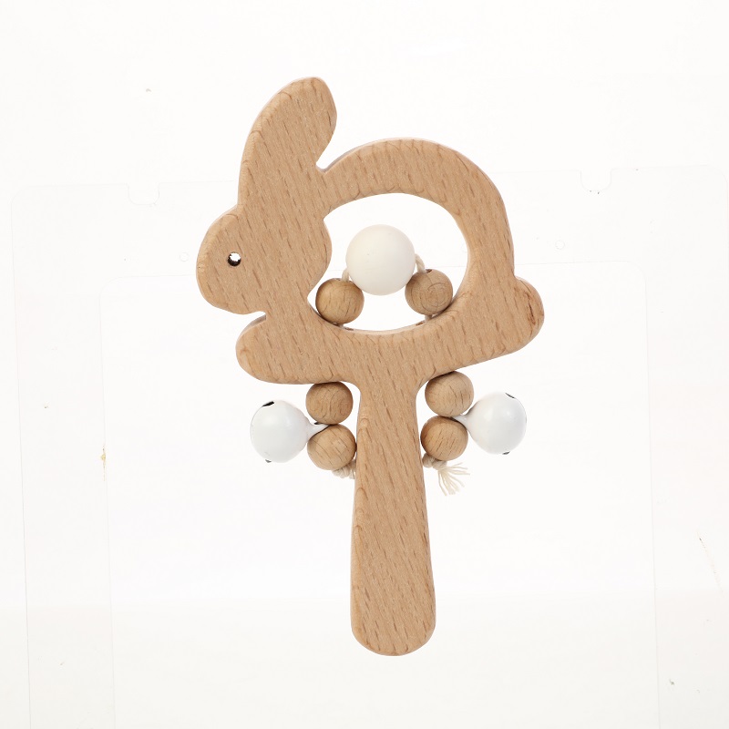 Food grade silicone baby toy custom beech wooden rattle teether newborn rabbit shape rattle toys